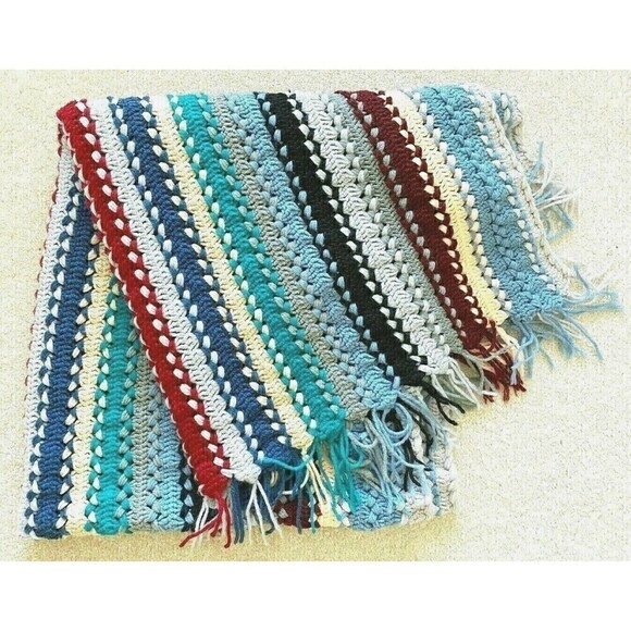 Handmade Blue Burgundy Striped Crochet Afghan Throw Fringe Roseanne Mission Sofa - Picture 1 of 8